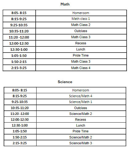 2024-2025 4th Grade Team Schedule Math/Science